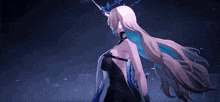a woman in a black dress with long blonde hair and horns