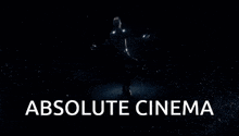 a poster for absolute cinema with a silhouette of a person in the background