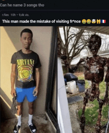 a man wearing a nirvana shirt next to a picture of a skeleton