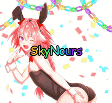 a picture of a girl with bunny ears and the words skynours on it