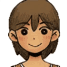 a close up of a cartoon character with brown hair and black eyes smiling .