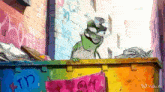 a cartoon of a frog sitting on top of a dumpster with the word tp written on it