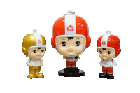 three figurines with one wearing a helmet with the number 104 on it