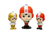 three figurines with one wearing a helmet with the number 104 on it