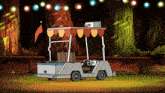 a cartoon drawing of a golf cart with a red flag on top