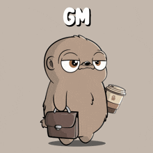 a cartoon sloth holding a cup of coffee and a briefcase with the word gm above him