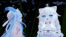 a girl with white hair and blue eyes stands next to another girl with blue hair