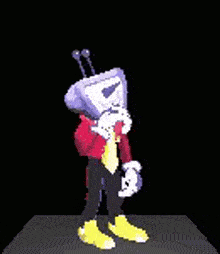 a pixel art of a cartoon character holding a microphone and a remote control .
