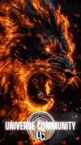 a poster of a lion with the words universe community uc on it