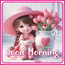 a little girl wearing a pink hat is sitting next to a vase of flowers .