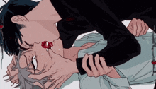 a drawing of a man kissing another man with a red heart in his mouth