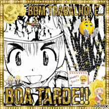 a black and white drawing of a girl with the words boa tarde written in gold
