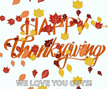 a happy thanksgiving greeting with leaves and the words " we love you guys "