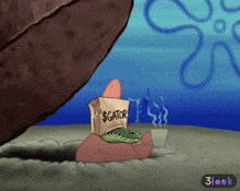 a cartoon of patrick wearing a bag that says $ gator on it