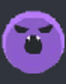 a pixel art illustration of a purple donut with an angry face and teeth .