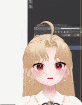 a cartoon girl with blonde hair and red eyes
