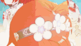 a cartoon drawing of a girl with red hair and a flower belt around her waist