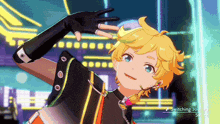 a boy with yellow hair and blue eyes is making a peace sign .