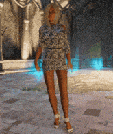 a woman in a short dress and high heels is standing on a tiled floor