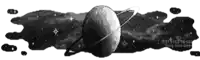 a black and white illustration of a planet with rings around it