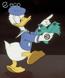 a cartoon of donald duck holding a bunch of money and pointing