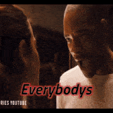 a man and a woman are looking at each other with the word everybodys written above them
