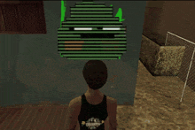 a video game screen shows a man painting a blue t on a wall