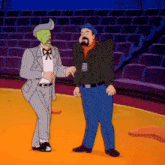 a cartoon of two men standing next to each other with one wearing a green mask