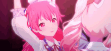 a girl with pink hair and red eyes is wearing a white dress and a white hat .