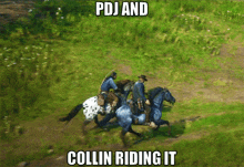two cowboys are riding horses in a video game with the caption pdj and collin riding it
