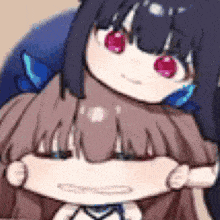 a close up of a cartoon girl with long hair and red eyes holding her mouth open .
