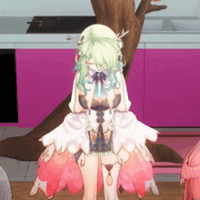 a girl with green hair is standing in front of a pink counter