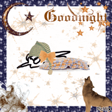 a goodnight card with a wolf and a sleeping cat