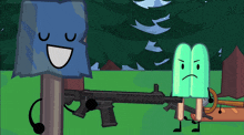 a cartoon character holding a gun next to an ice cream stick