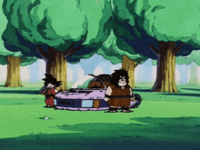a cartoon of a man standing next to a car that says ' goku ' on the front