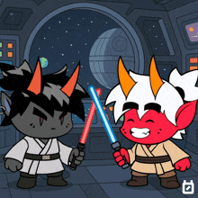 a cartoon of two monsters holding lightsabers in front of a death star