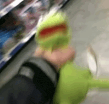 a person is holding a green kermit the frog puppet in a store