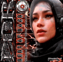 a woman wearing headphones and a hijab is standing in front of a sign that says baby of rock .