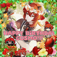 a picture of a girl with flowers in her hair says happy birthday cosmo !!!
