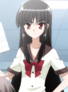 a girl with long black hair and red eyes is wearing a bow tie