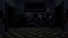 a dark room with a checkered floor and a television in the corner .