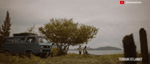 a blue van is parked next to a tree on a grassy beach