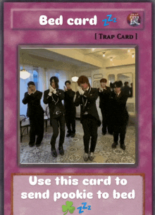 a bed card with a picture of a group of men on it