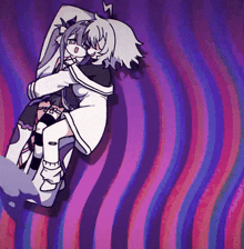 a purple and pink striped background with a cartoon character sitting on a chair