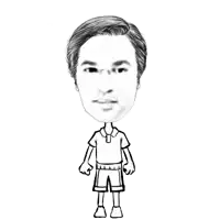 a black and white drawing of a man with a speech bubble on his head .