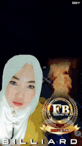 a woman wearing a white hijab stands in front of a logo that says billiard