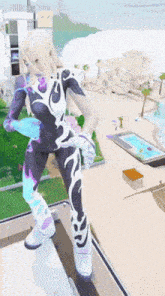 a woman in a superhero costume is standing on a balcony overlooking a swimming pool