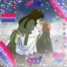 a drawing of a woman kissing another woman with pride written on the bottom