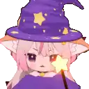 a cartoon girl wearing a purple witch hat and holding a magic wand .