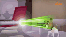 a cartoon of a dog with a green light coming out of its mouth with the nick logo behind it